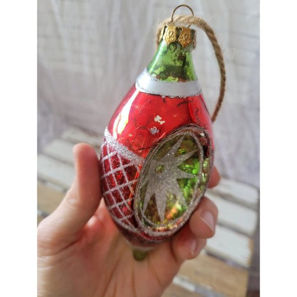 Pottery Barn reflector teardrop glass ornament green red Xmas tree - Picture 5 of 7